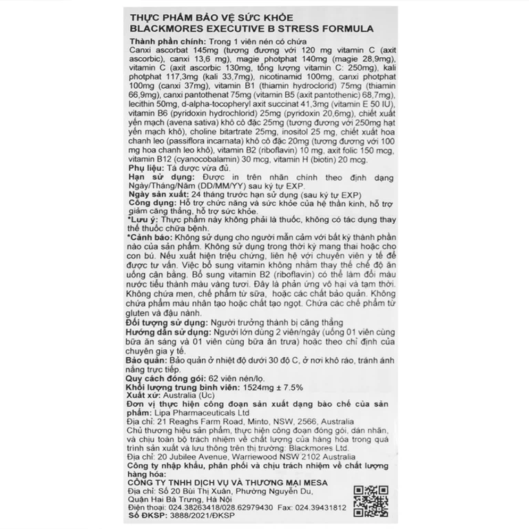 Viên uống Blackmores Executive B Stress Formula hỗ trợ chức năng (62 viên)