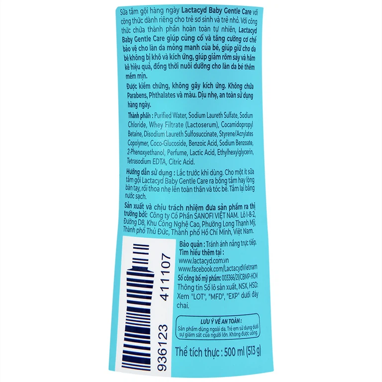Sữa tắm gội hàng ngày Lactacyd Baby Gentle Care cho trẻ giảm rôm sảy và hăm kẻ (500ml)