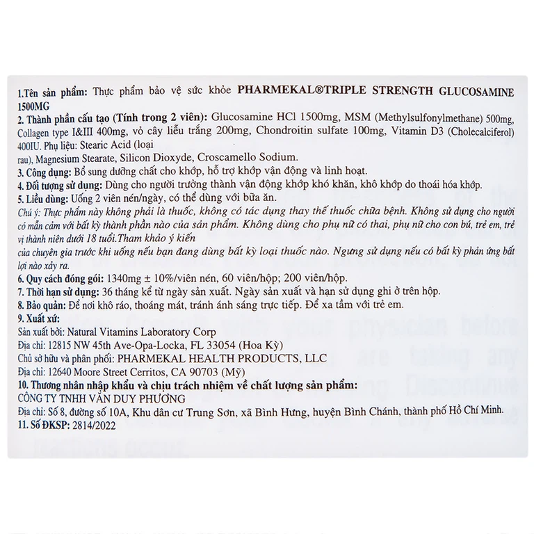 Viên uống Triple Strength Glucosamine 1500mg Pharmekal bổ sung dưỡng chất cho khớp (200 viên)