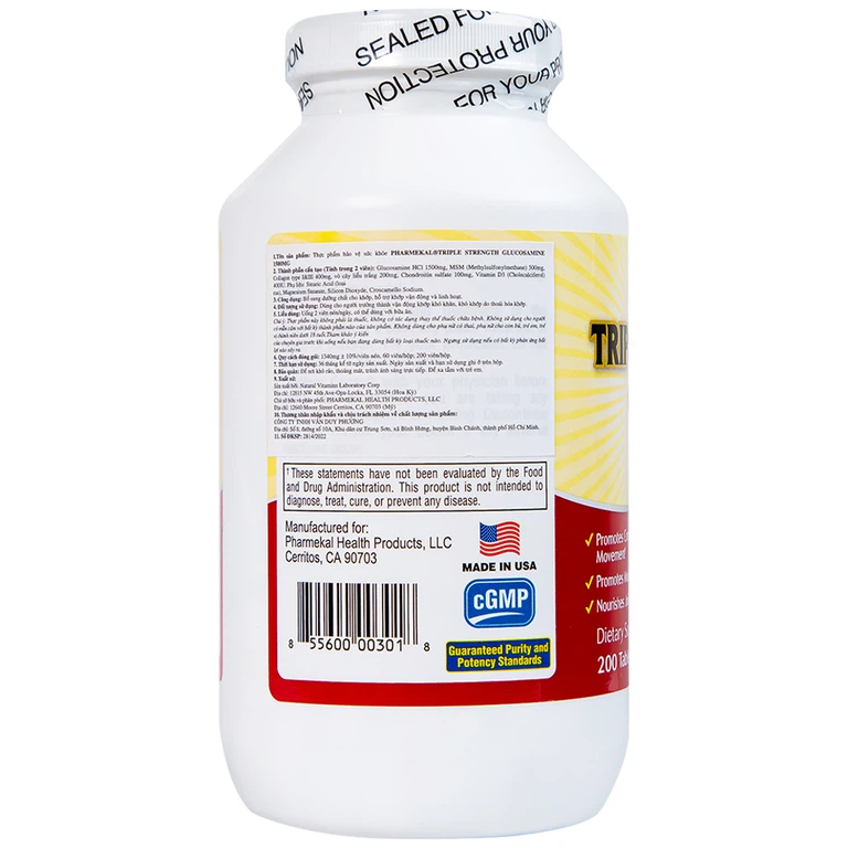 Viên uống Triple Strength Glucosamine 1500mg Pharmekal bổ sung dưỡng chất cho khớp (200 viên)