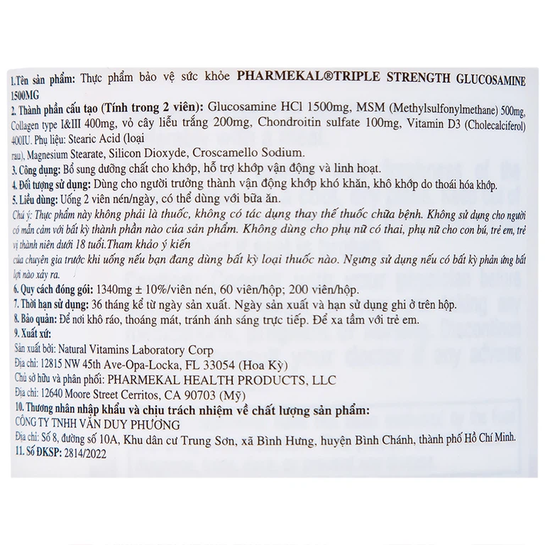 Viên uống Triple Strength Glucosamine 1500mg Pharmekal bổ sung dưỡng chất cho khớp (60 viên)