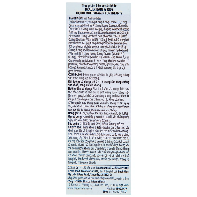 Siro Brauer Baby & Kids Liquid Multivitamin For Infants bổ sung vitamin tăng cường sức khỏe (45ml)