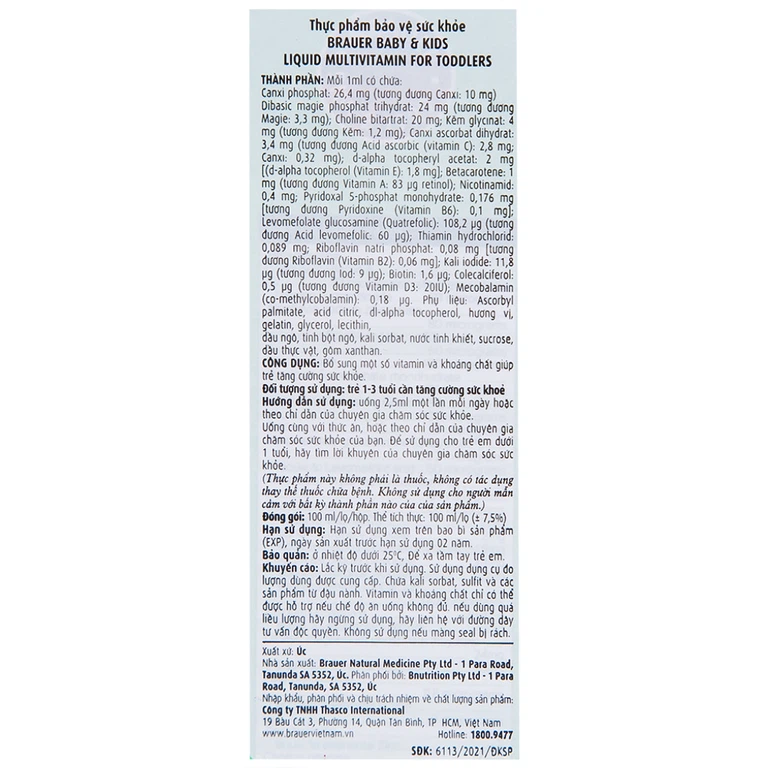 Siro Brauer Baby & Kids Liquid Multivitamin For Toddlers bổ sung một số vitamin và khoáng chất (100ml)