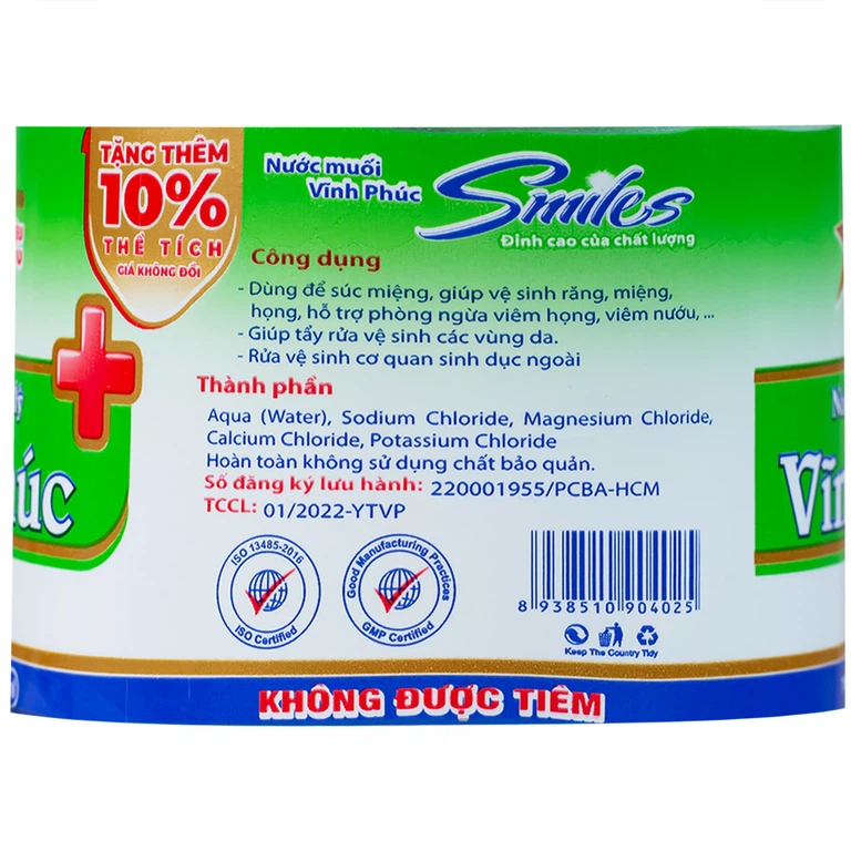 Nước muối Natri Clorid 0.9 Vĩnh Phúc Smiles làm sạch răng, khử mùi hôi khoang miệng (1100ml)