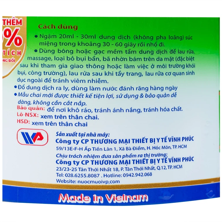 Nước muối Natri Clorid 0.9 Vĩnh Phúc Smiles làm sạch răng, khử mùi hôi khoang miệng (1100ml)