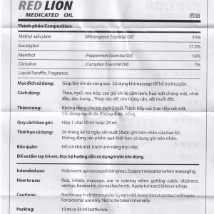 Dầu gió lăn Red Lion Medicated Oil White Agimexpharm ấm da vùng xoa, sử dụng massage hỗ trợ thư giãn (24ml)