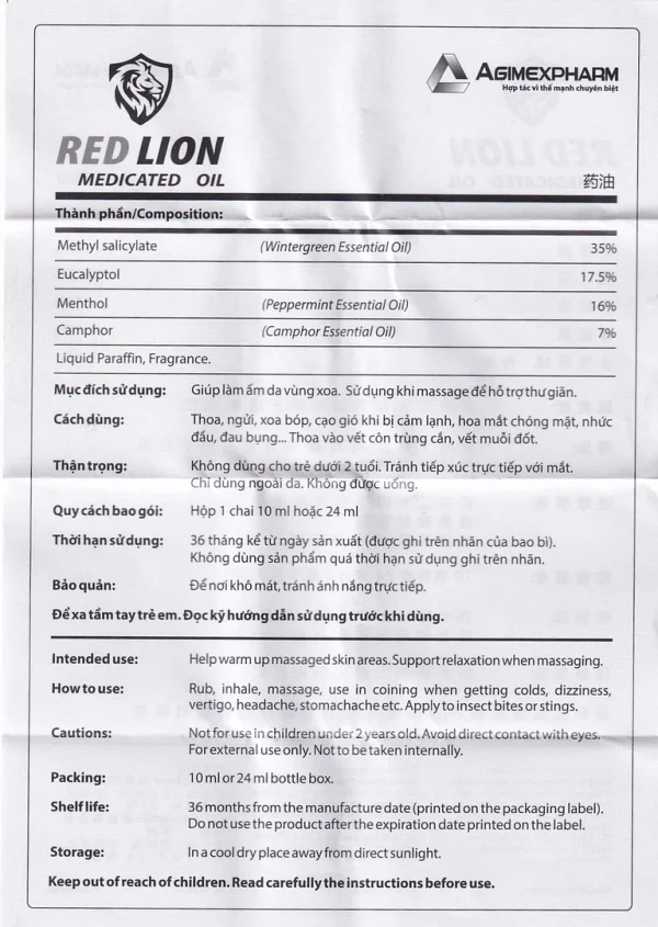 Dầu gió lăn Red Lion Medicated Oil White Agimexpharm ấm da vùng xoa, sử dụng massage hỗ trợ thư giãn (24ml)