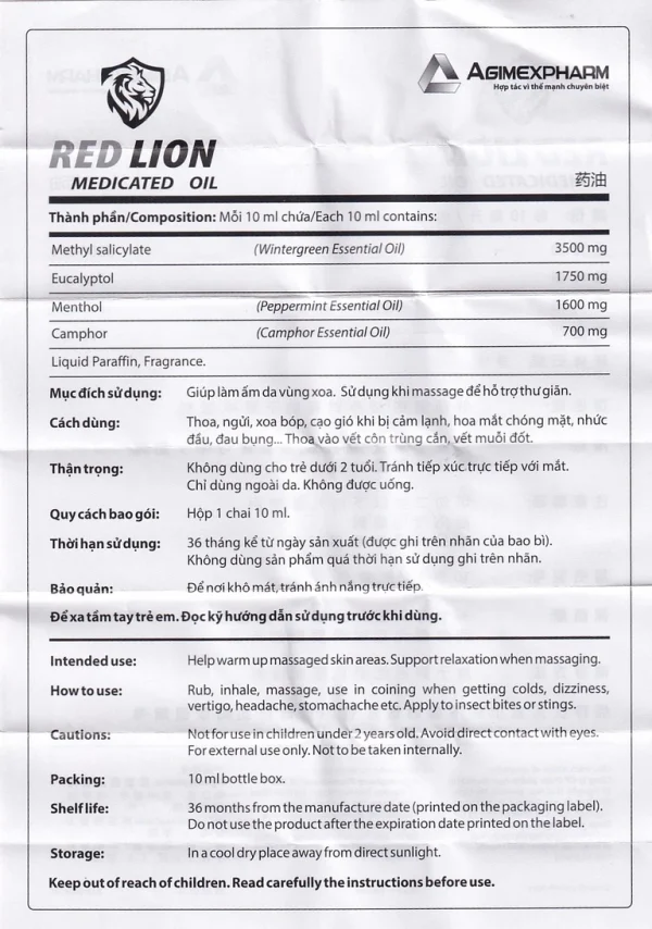 Dầu gió lăn Red Lion Medicated Oil White Agimexpharm ấm da vùng xoa, sử dụng massage hỗ trợ thư giãn (10ml)
