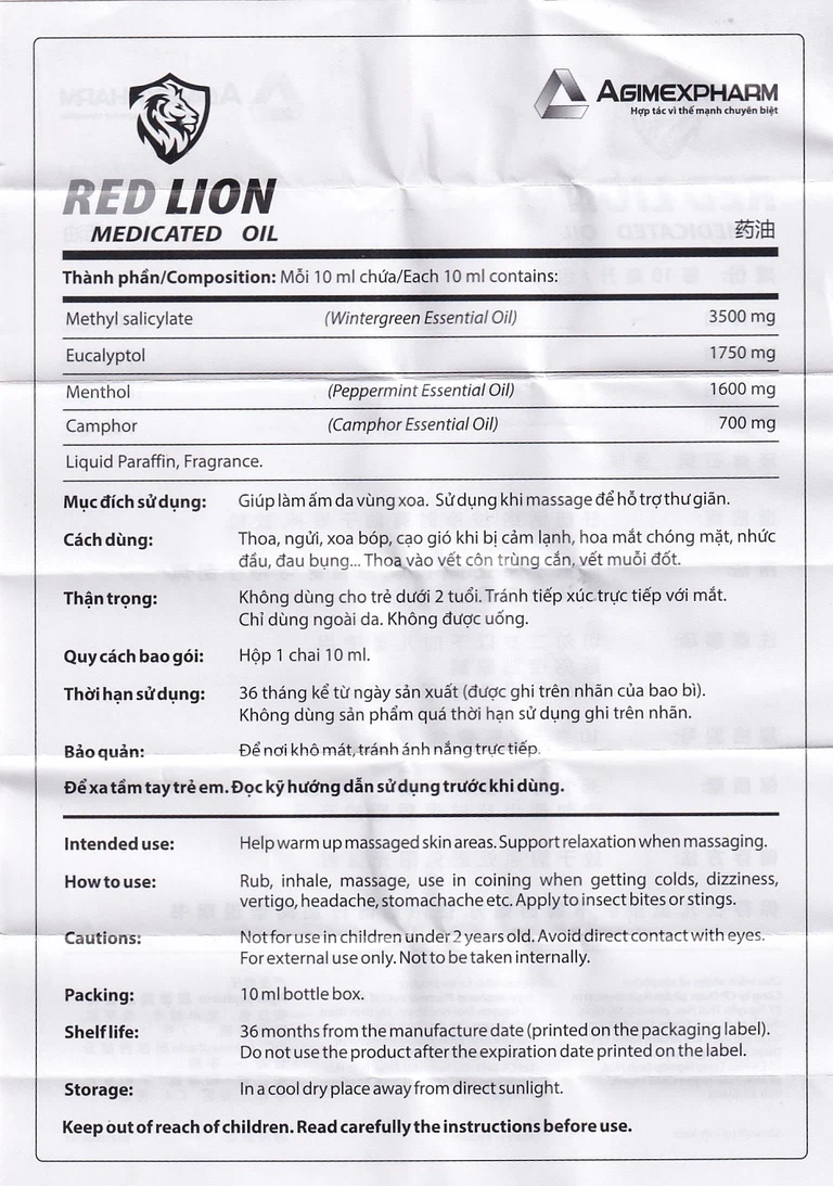 Dầu gió lăn Red Lion Medicated Oil White Agimexpharm ấm da vùng xoa, sử dụng massage hỗ trợ thư giãn (10ml)