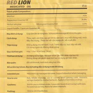 Dầu gió lăn Red Lion Medicated Oil Yellow Agimexpharm ấm da vùng xoa, sử dụng massage hỗ trợ thư giãn (24ml)