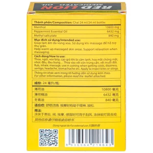 Dầu gió lăn Red Lion Medicated Oil Yellow Agimexpharm ấm da vùng xoa, sử dụng massage hỗ trợ thư giãn (24ml)