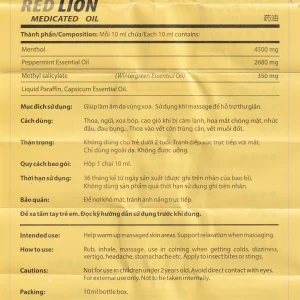 Dầu gió lăn Red Lion Medicated Oil Yellow Agimexpharm ấm da vùng xoa, sử dụng massage hỗ trợ thư giãn (10ml)