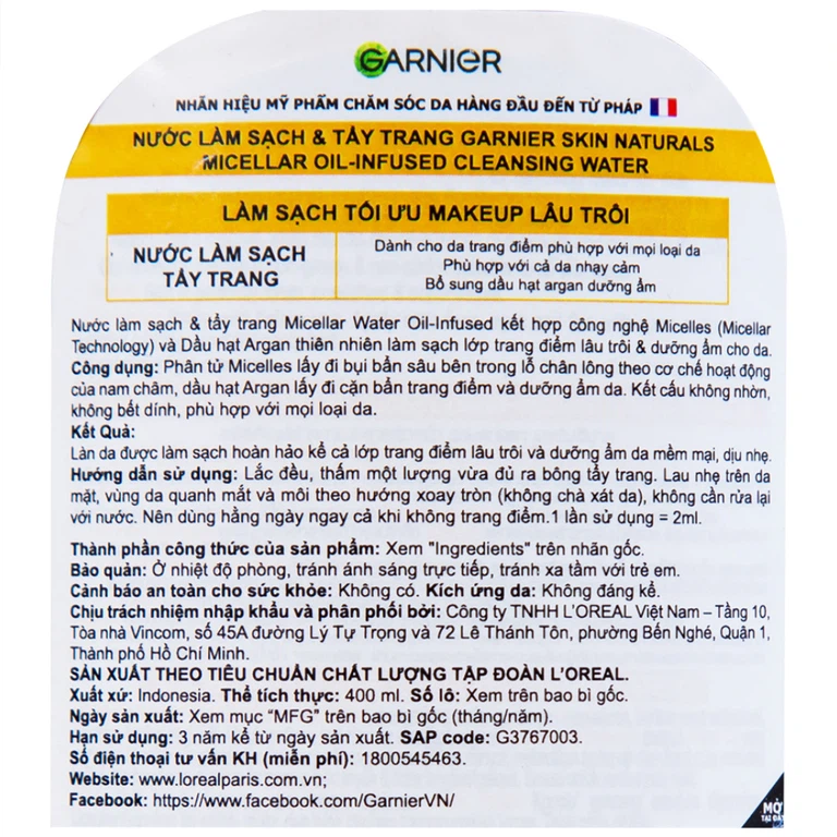 Nước tẩy trang Garnier Micellar Oil-infused Cleansing Water giúp làm sạch da và lấy đi bụi bẩn, cặn trang điểm và dầu thừa (400ml)
