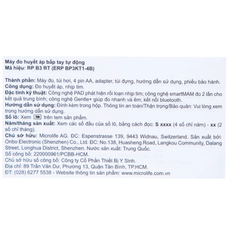 Máy đo huyết áp bắp tay tự động Microlife B3 BT Bluetooth hỗ trợ đo huyết áp và nhịp tim