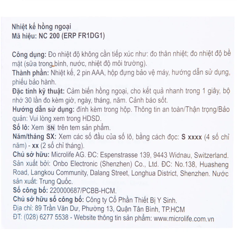 Nhiệt kế hồng ngoại đo trán Microlife NC200 không cần tiếp xúc, cho kết quả sau 1 giây