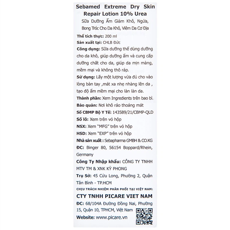 Sữa dưỡng ẩm Extreme Dry Skin Repair Lotion 10% Urea Sebamed giảm khô, ngứa, bong tróc cho da khô, viêm da cơ địa (200ml)