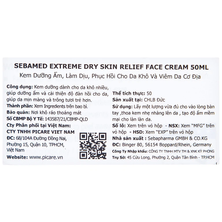 Kem Sebamed Extreme Dry Skin Relief Face Cream 5% dưỡng ẩm, làm dịu, phục hồi da khô, viêm da cơ địa (50ml)