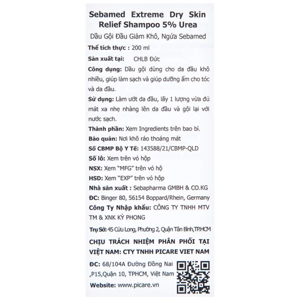 Dầu gội đầu Extreme Dry Skin Relief Shampoo 5% Urea Sebamed giảm khô, ngứa (200ml)