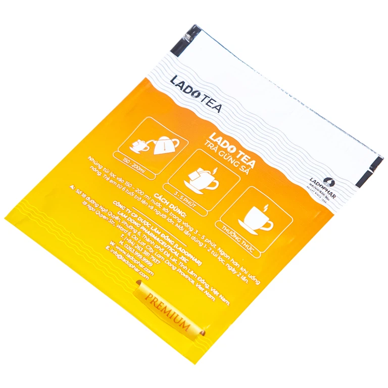Trà gừng sả Lado Tea Premium Ladophar hỗ trợ giảm các triệu chứng đau đầu (20 túi x 2g)