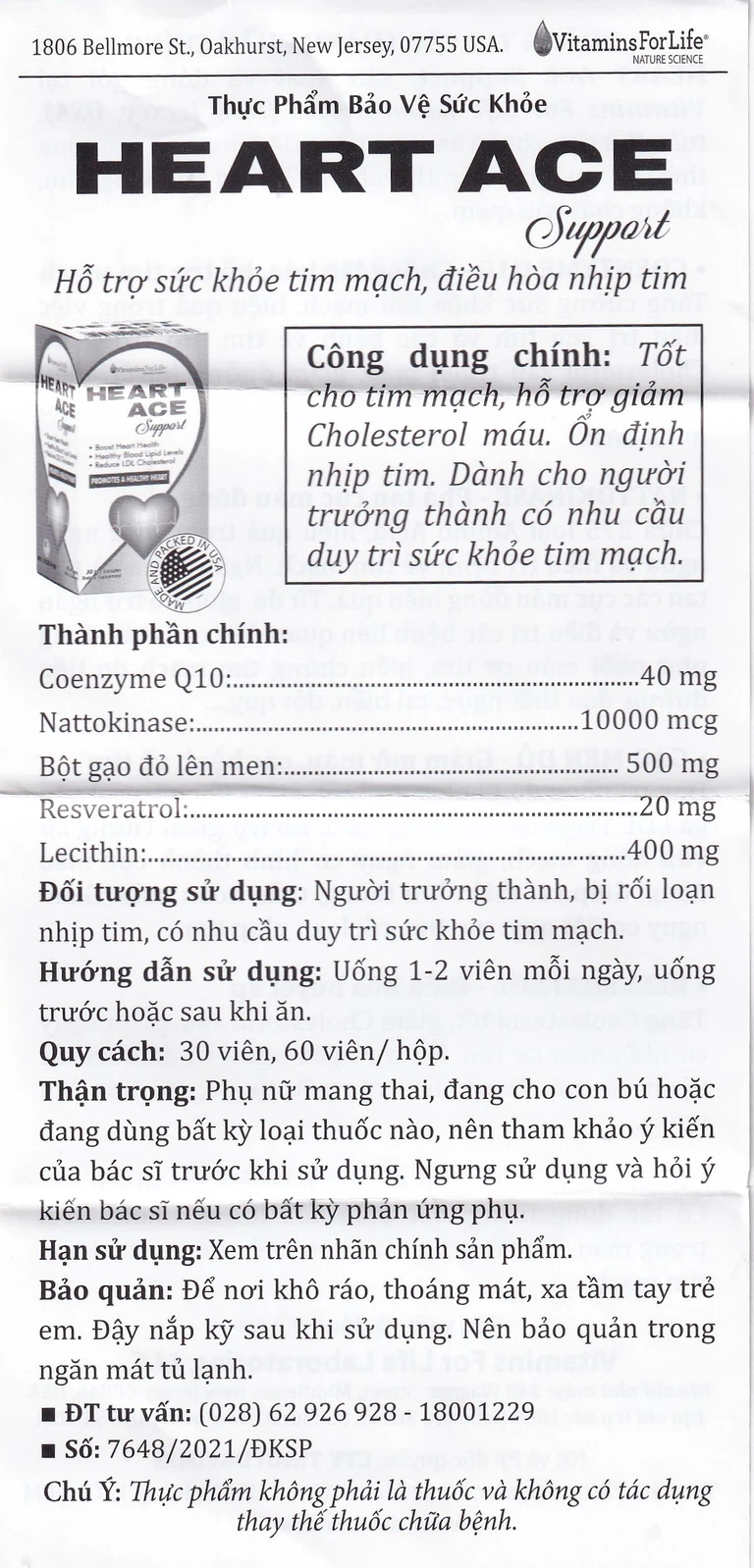Viên uống Heart Ace Support Vitamins For Life hỗ trợ sức khỏe tim mạch, điều hòa nhịp tim (Hộp 60 viên)