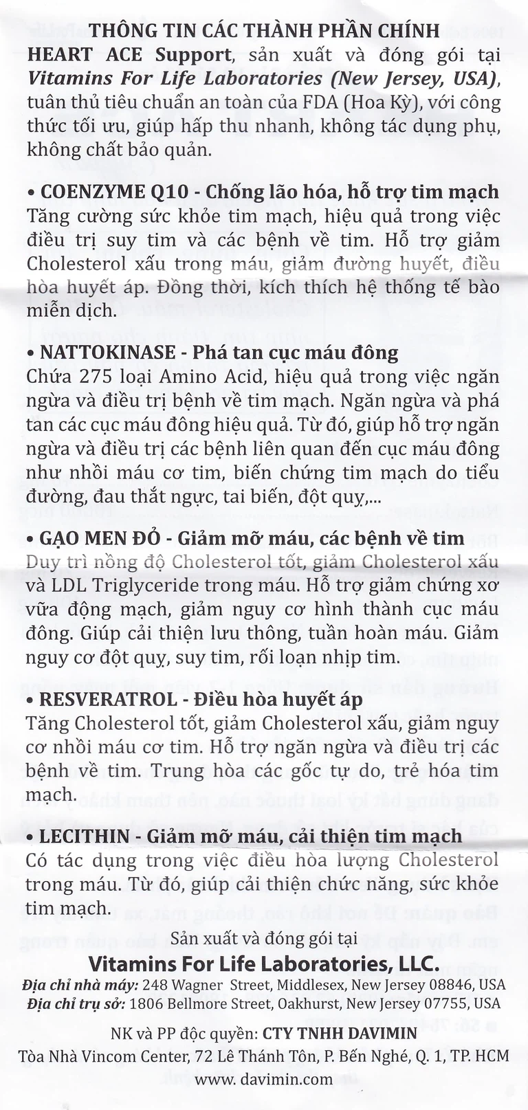 Viên uống Heart Ace Support Vitamins For Life hỗ trợ sức khỏe tim mạch, điều hòa nhịp tim (Hộp 60 viên)