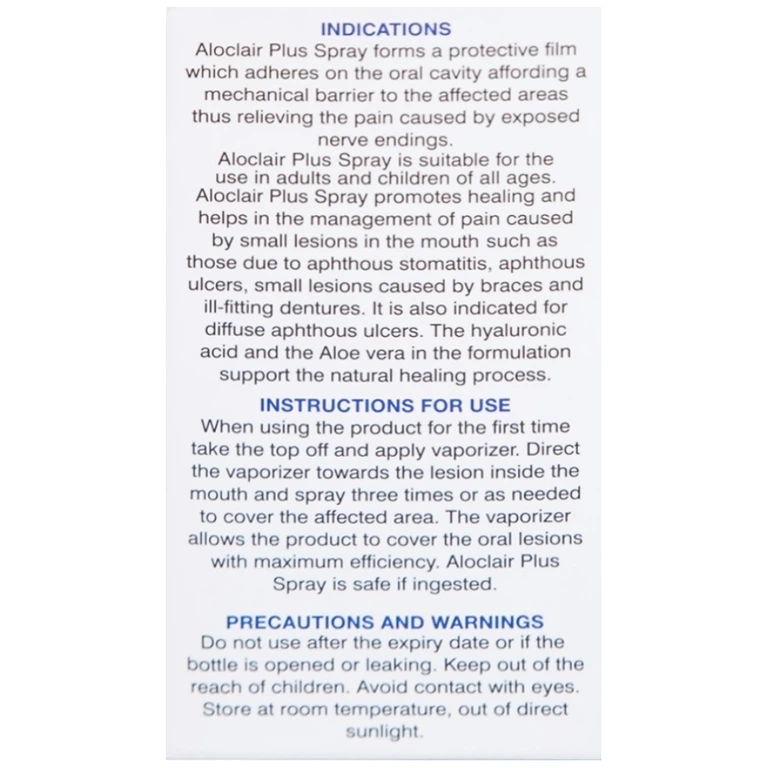 Chai xịt Aloclair Plus Spray giảm đau nhanh bệnh tay chân miệng, nhiệt miệng, chỉnh nha, nhổ răng (15ml)
