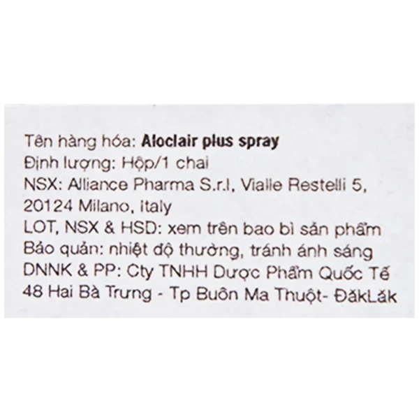 Chai xịt Aloclair Plus Spray giảm đau nhanh bệnh tay chân miệng, nhiệt miệng, chỉnh nha, nhổ răng (15ml)