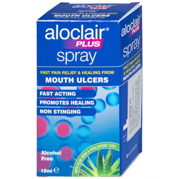 Chai xịt Aloclair Plus Spray giảm đau nhanh bệnh tay chân miệng, nhiệt miệng, chỉnh nha, nhổ răng (15ml)