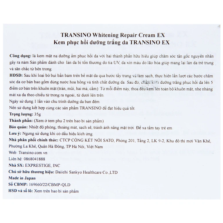 Kem phục hồi dưỡng trắng da Transino Whitening Repair Cream EX (35g)