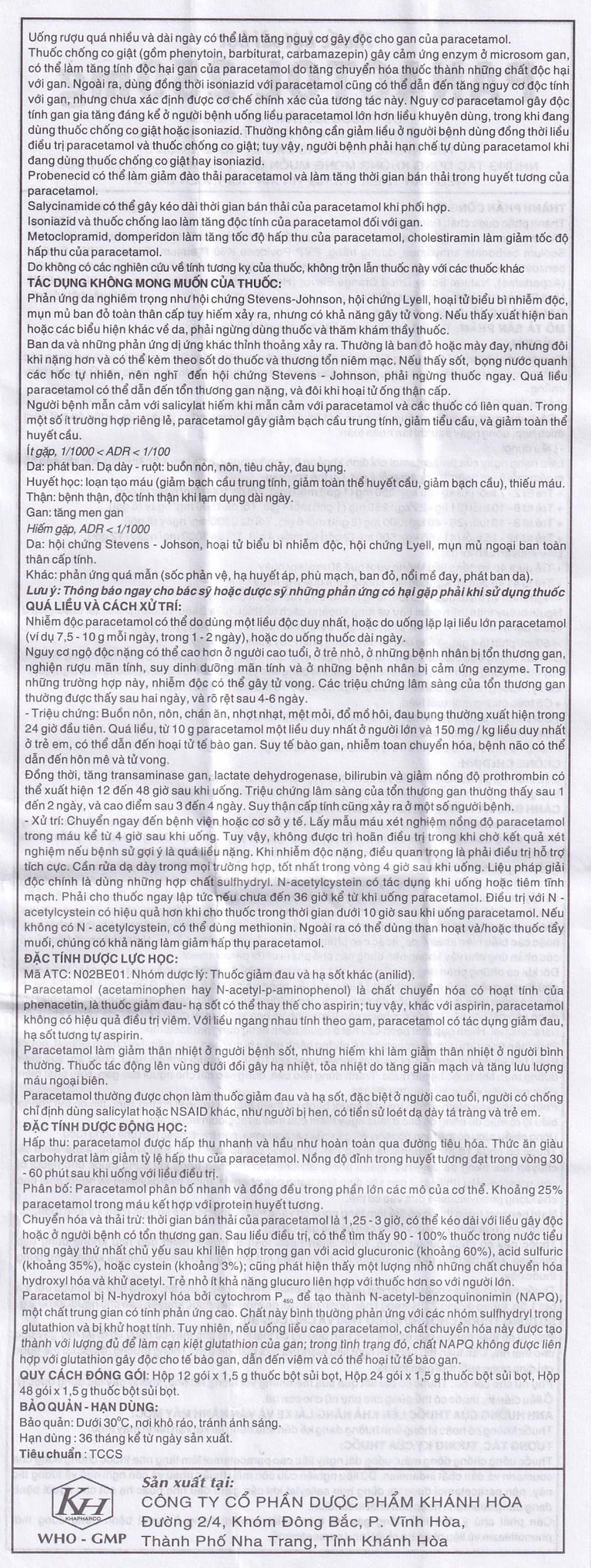 Bột sủi Panactol 250mg Khapharco vị ngọt, không đắng, hạ sốt, giảm đau cho trẻ (48 gói x 1.5g)