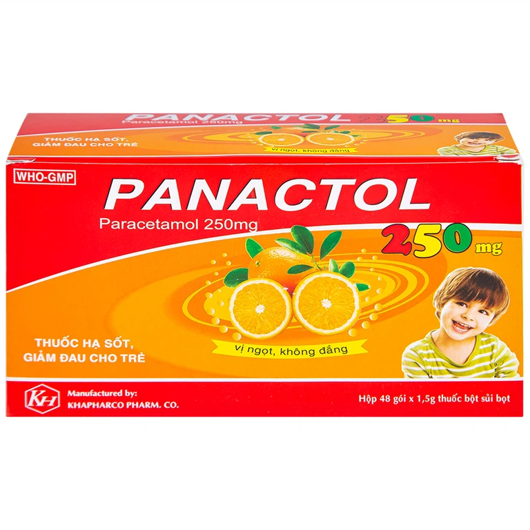 Bột sủi Panactol 250mg Khapharco vị ngọt, không đắng, hạ sốt, giảm đau cho trẻ (48 gói x 1.5g)