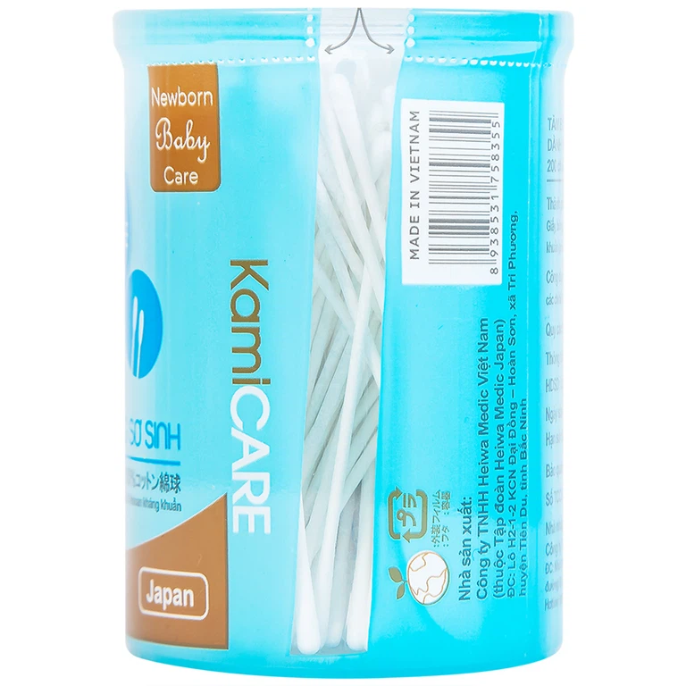 Tăm bông kháng khuẩn KamiCare hộp tròn dành cho trẻ em từ sơ sinh (200 que)