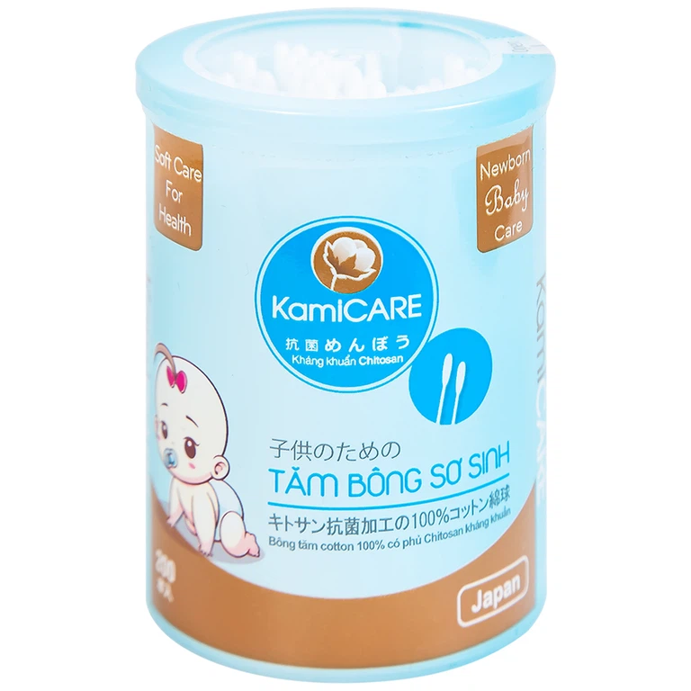 Tăm bông kháng khuẩn KamiCare hộp tròn dành cho trẻ em từ sơ sinh (200 que)