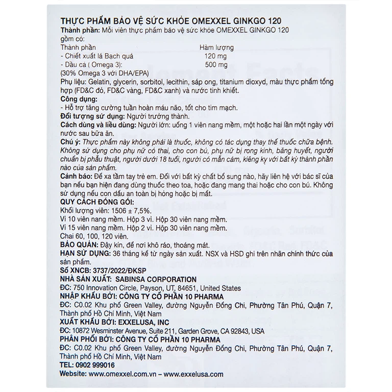Viên uống Omexxel Ginkgo 120 OMEXXEL hỗ trợ tăng cường tuần hoàn máu não, tốt cho tim mạch (60 viên)
