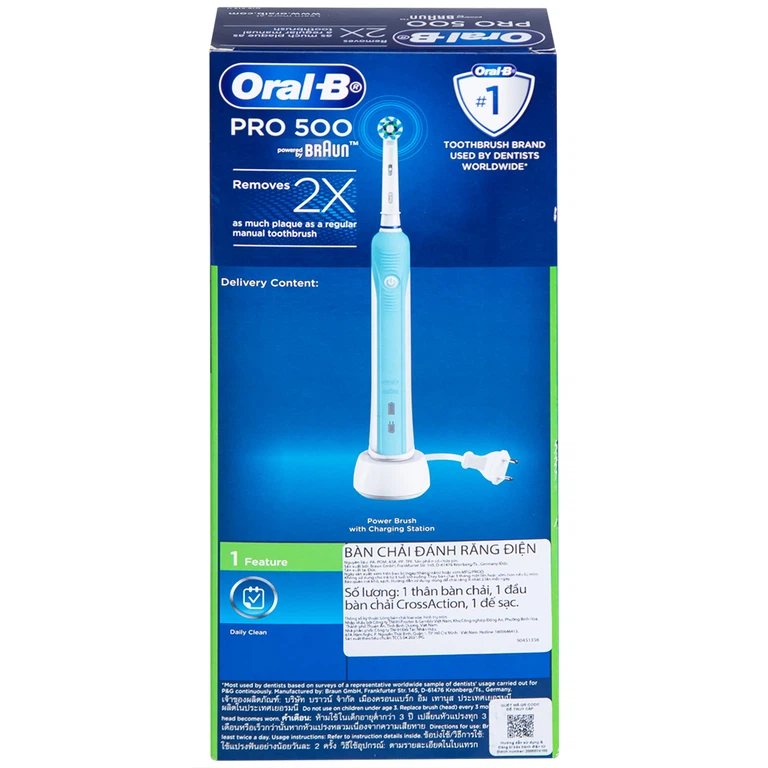 Bàn chải đánh răng điện Oral-B Pro 500 Crossaction loại bỏ các mảng bám và vết ố trên răng