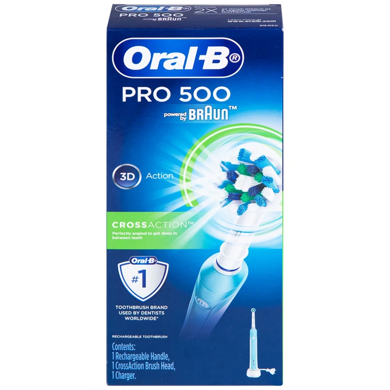 Bàn chải đánh răng điện Oral-B Pro 500 Crossaction loại bỏ các mảng bám và vết ố trên răng