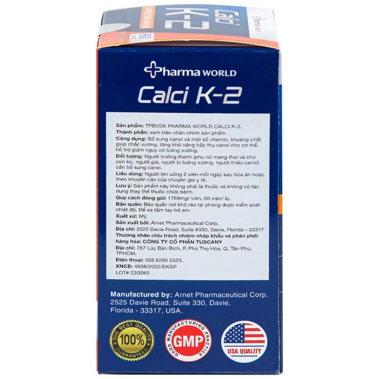 Viên uống Calci K-2 Pharma World hỗ trợ giảm nguy cơ loãng xương (60 viên)