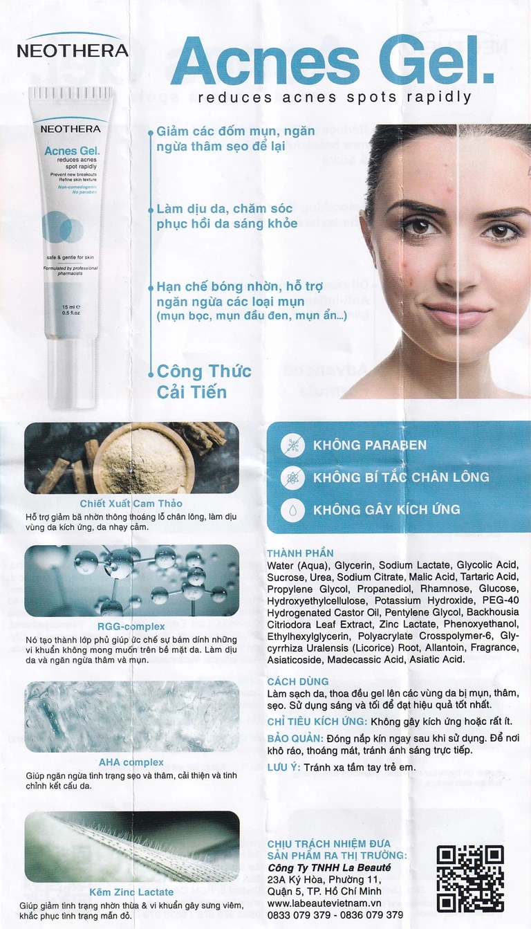 Gel Neothera Acnes làm dịu da, mờ thâm, chăm sóc phục hồi da sáng khỏe (15ml)