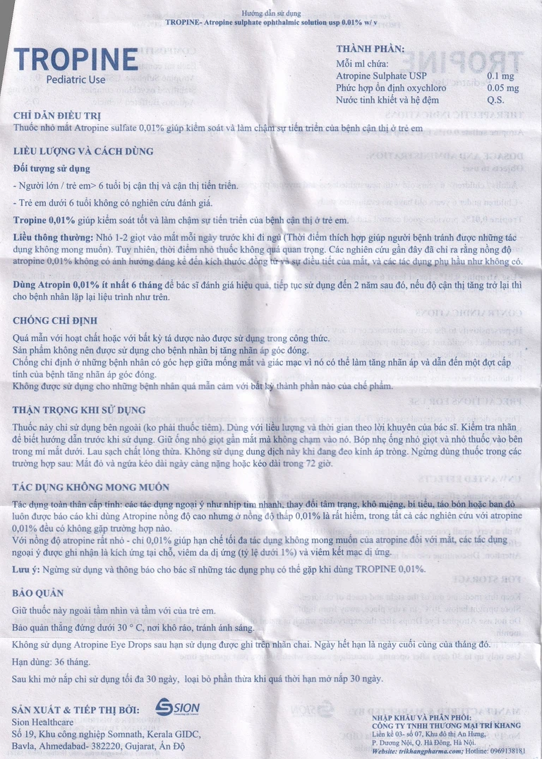 Dung dịch nhãn khoa Tropine SION kiểm soát và làm chậm sự tiến triển của bệnh cận thị ở trẻ em (10ml)