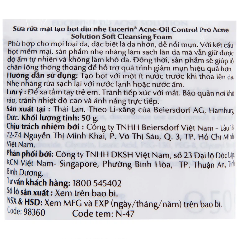 Sửa rửa mặt tạo bọt dịu nhẹ Eucerin Acne-Oil Control Pro Acne Solution Soft Cleansing Foam (50g)