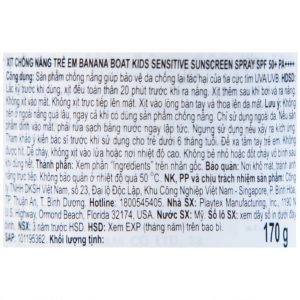 Xịt chống nắng trẻ em Banana Boat Kids Sensitive Sunscreen Spray SPF50+ PA++++ dành cho toàn thân (170g)