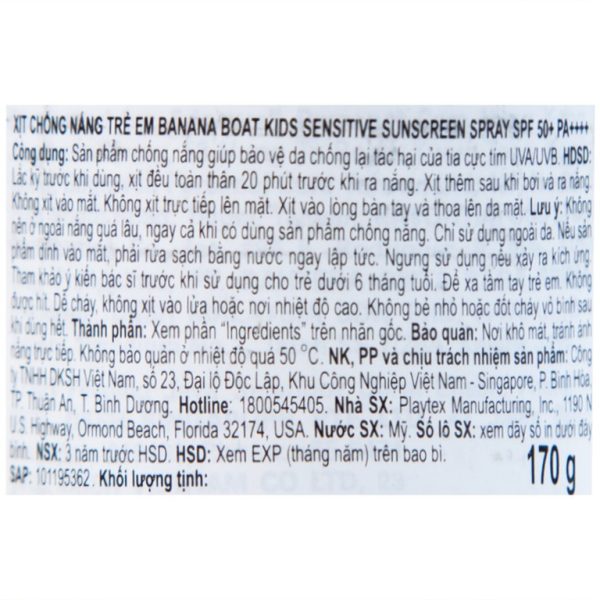 Xịt chống nắng trẻ em Banana Boat Kids Sensitive Sunscreen Spray SPF50+ PA++++ dành cho toàn thân (170g)