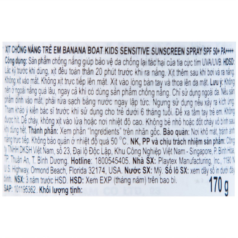Xịt chống nắng trẻ em Banana Boat Kids Sensitive Sunscreen Spray SPF50+ PA++++ dành cho toàn thân (170g)