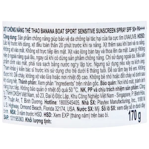 Xịt chống nắng thể thao Banana Boat Sport Sensitive Sunscreen Spray SPF50+ PA++++ (170g)
