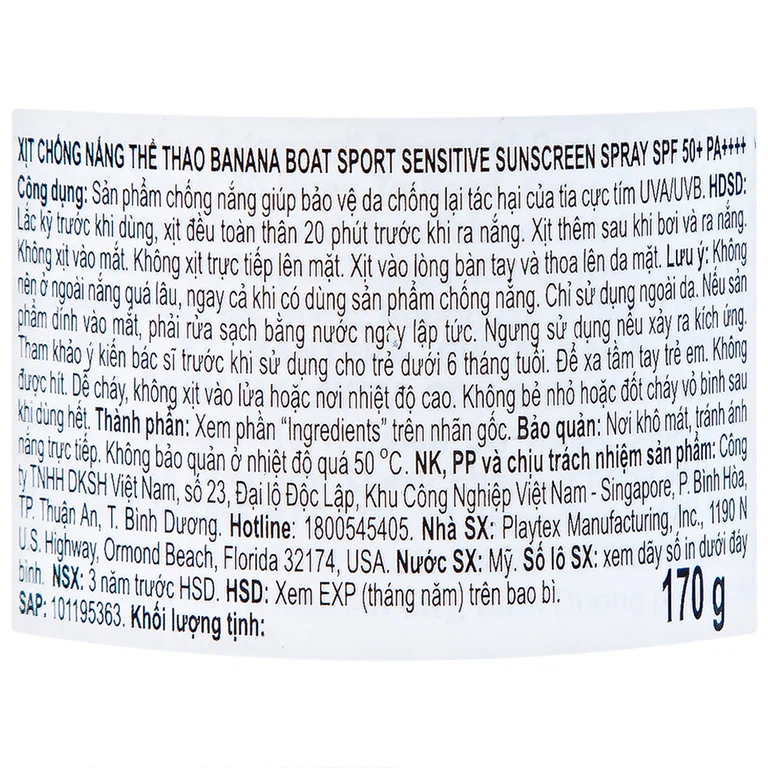 Xịt chống nắng thể thao Banana Boat Sport Sensitive Sunscreen Spray SPF50+ PA++++ (170g)