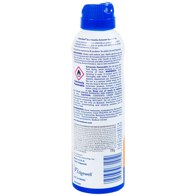 Xịt chống nắng thể thao Banana Boat Sport Sensitive Sunscreen Spray SPF50+ PA++++ (170g)