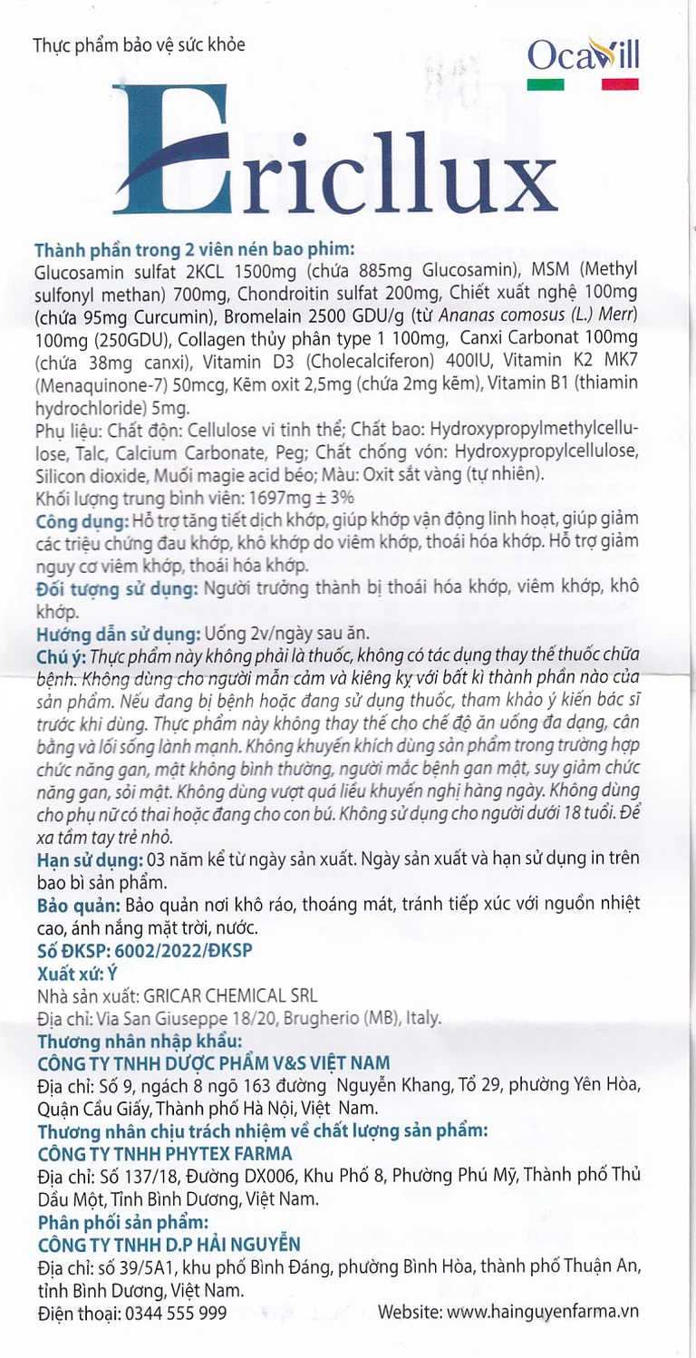 Viên uống Ericllux Ocavill hỗ trợ tăng tiết dịch khớp, giúp khớp vận động linh hoạt (60 viên)