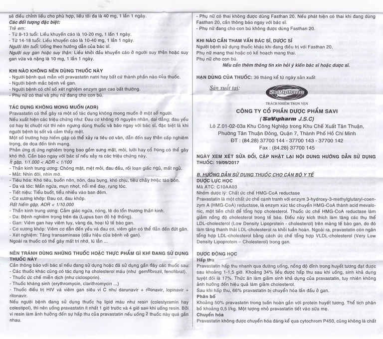 Thuốc Fasthan 20 SaVipharm điều trị rối loạn lipid máu, dự phòng biến cố tim mạch (3 vỉ x 10 viên)