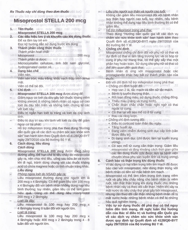 Viên nén Misoprostol Stella 200mcg giảm nguy cơ loét dạ dày (3 vỉ x 10 viên)