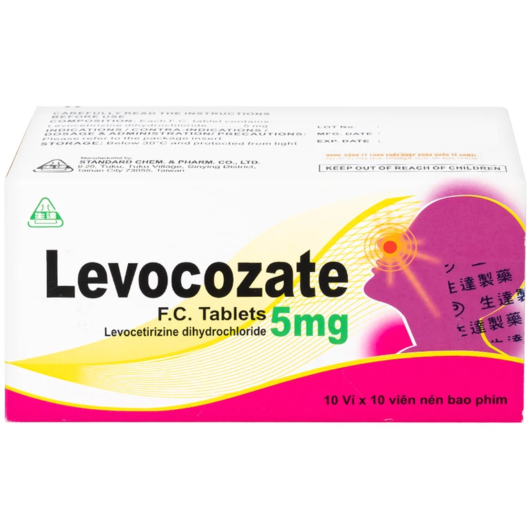 Thuốc Levocozate 5mg dùng trong điều trị viêm mũi dị ứng theo mùa, dị ứng kinh niên, nổi mề đay tự phát (10 vỉ x 10 viên)